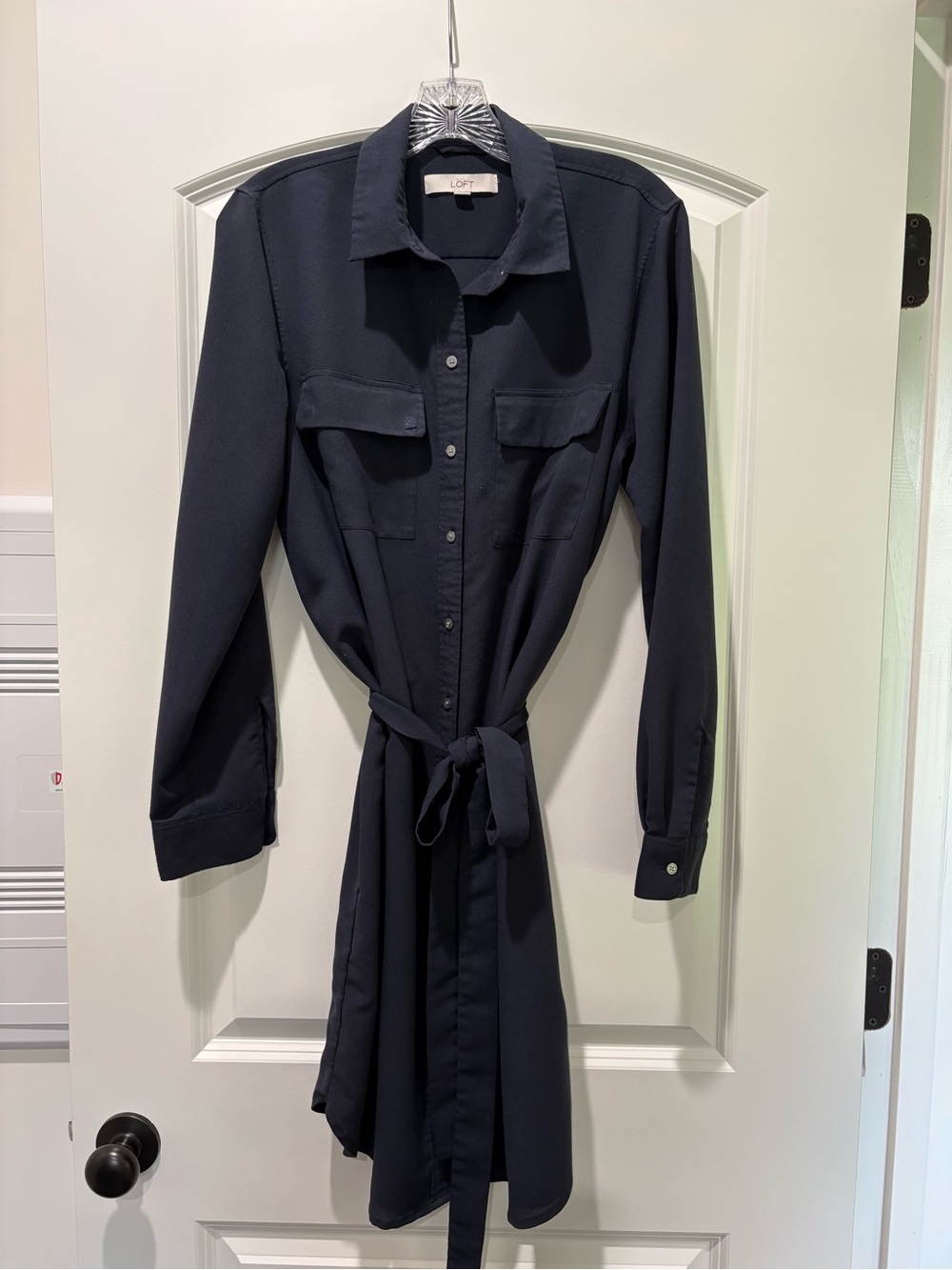 LOFT Navy Button-Front Shirt Dress with Tie Waist